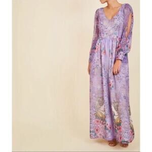 ModCloth Loop Twirl Maxi Dress XS Split Sleeve Lavender Floral Metallic Floral